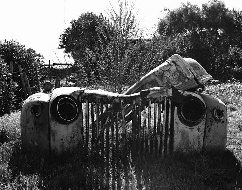 A black and white photo capturing a rusted car hood in a grassy yard with a vintage feel.
