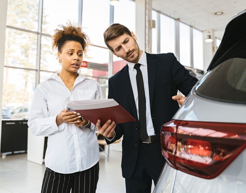 A professional consultation at a car dealership involving a sales agent and a customer discussing a vehicle purchase.