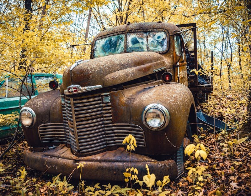 A vintage, rusty truck sits abandoned in a vibrant autumn forest, surrounded by yellow leaves.