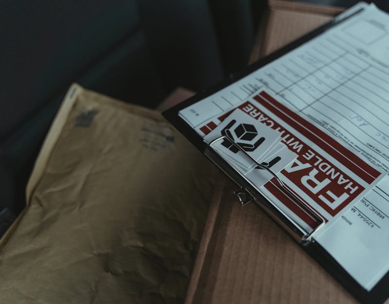 A detailed view of postal packages and delivery paperwork inside a van, emphasizing logistics.